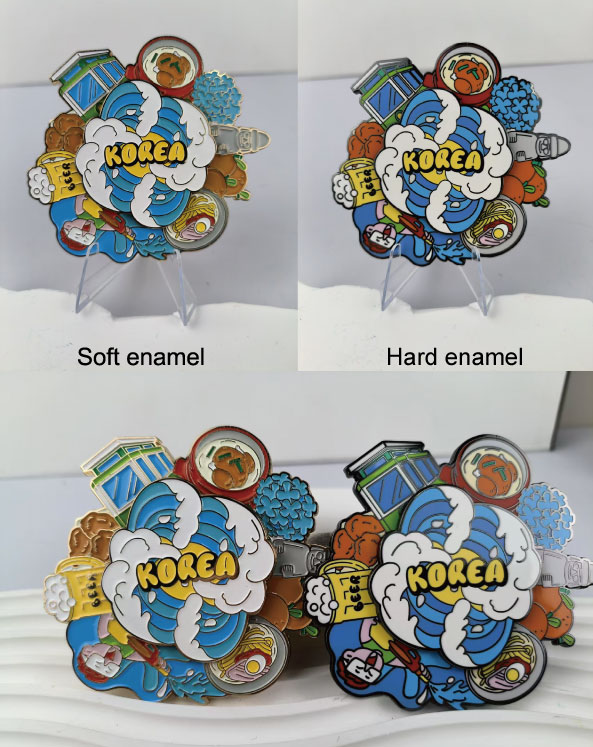 Soft enamel vs hard enamel pin comparison showing texture and finish differences